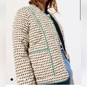NWT Oliver Bonas Ecru Spot Quilted Jacket with Green Accents
